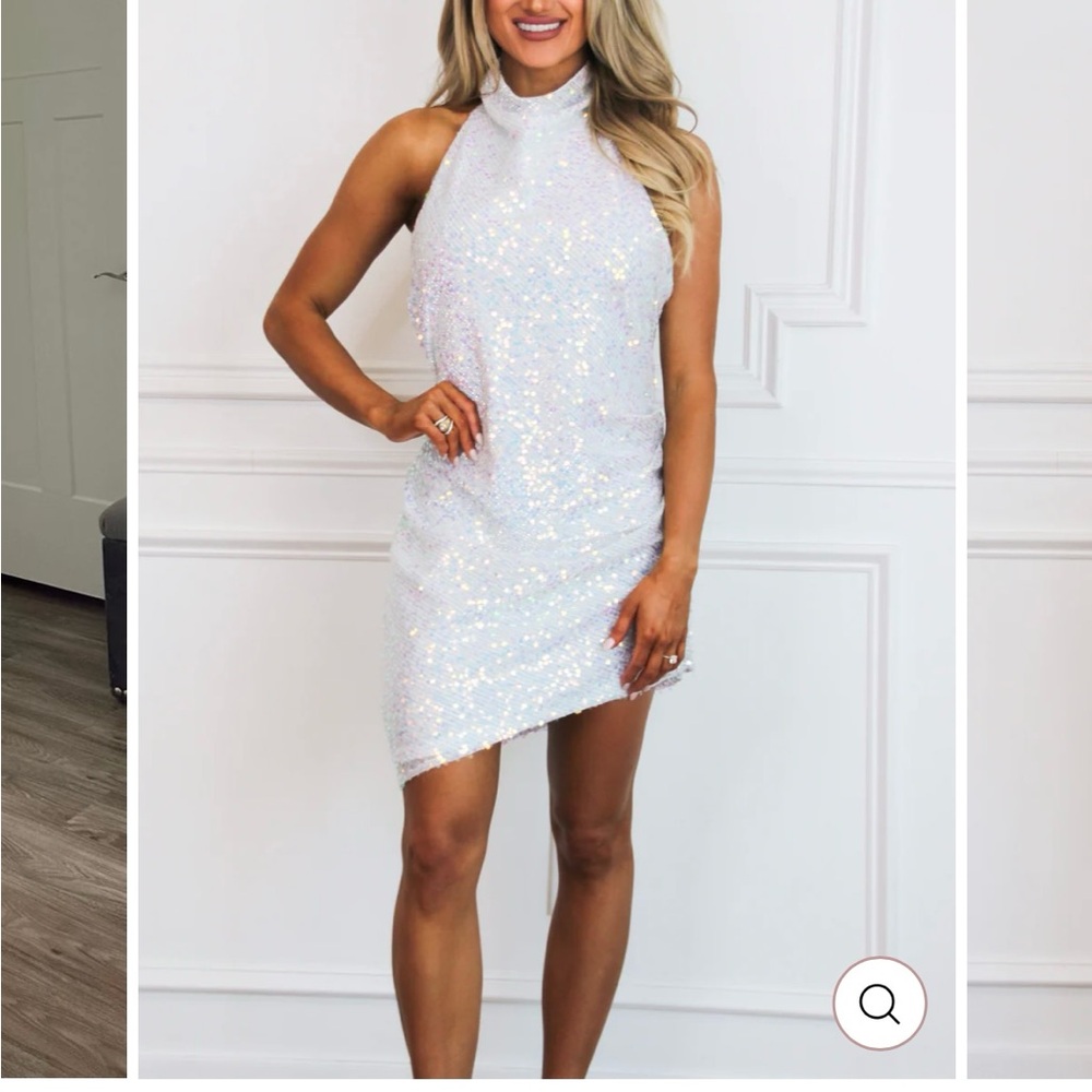 Luxxel White Asymmetrical Sequin Dress